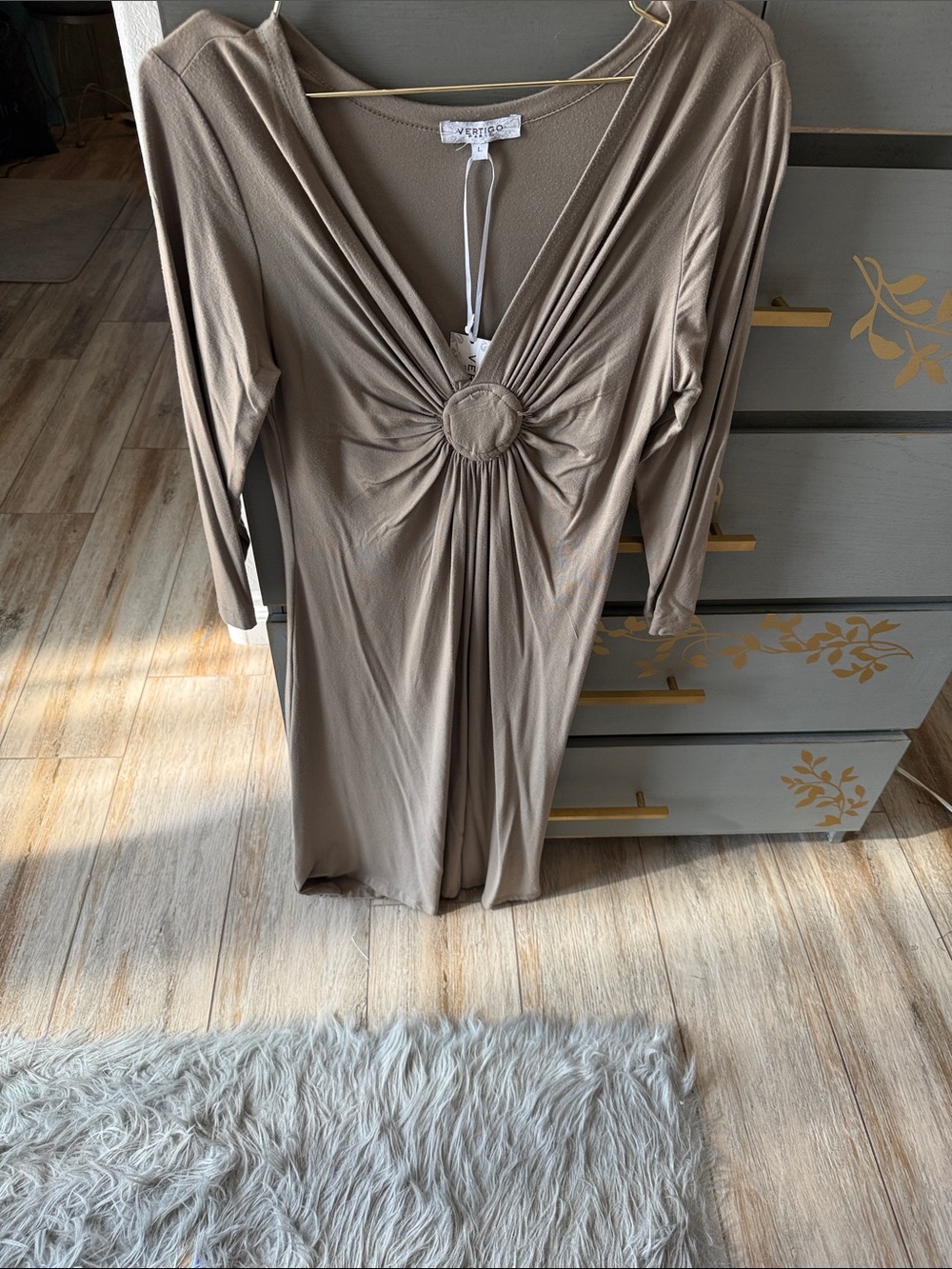 Vertigo Paris Taupe Twist-Front Long-Sleeve Midi Dress